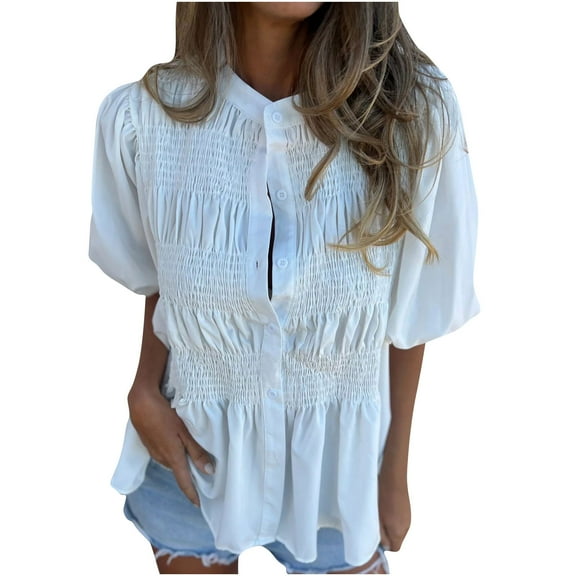 Brglopf Women's 2025 Summer Short Lantern Sleeve Tops Loose Fit Button Down Shirt Casual Pleated V Neck Babydoll Peplum Blouses(White,M)