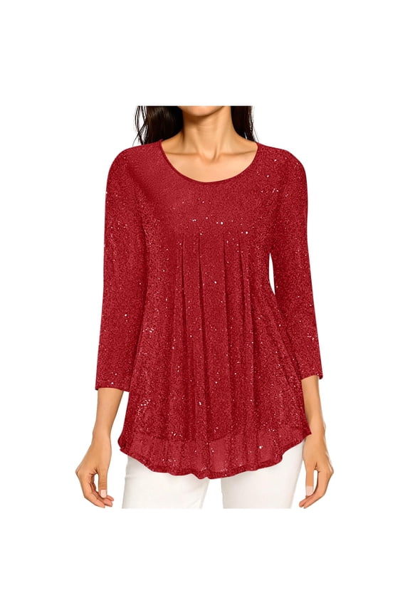 Women's 3/4 Sleeve Tunic Tops Dressy Casual Loose Fit Flowy Blouses Sparkle Mesh Pleated Double Layered Shirts Red XL