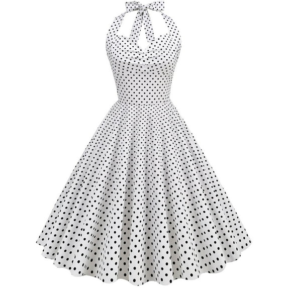 Brglopf Women's 50s 60s Vintage Dress Halter Polka Dot Cocktail Corset Dress Prom Tea Party Wedding A Line Swing Dress for Women White L