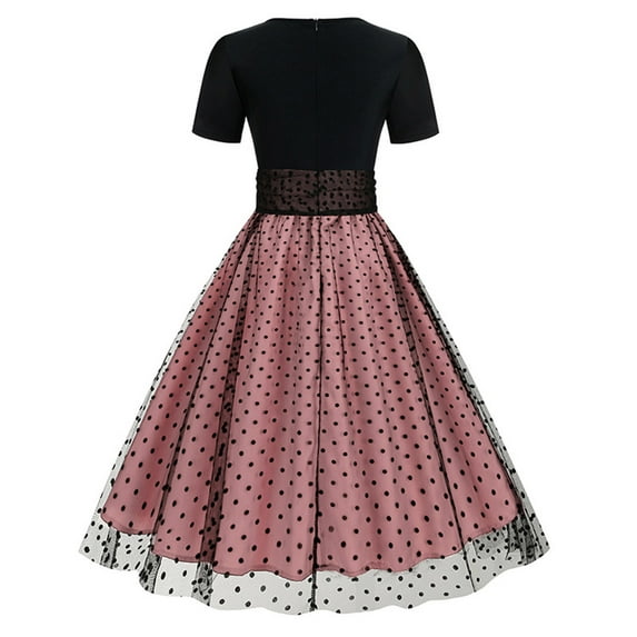 Brglopf Women's 50s 60s Vintage Dress Mesh Polka Dot Short Sleeve Round Neck A-Line Swing Cocktail Party Tea Dresses Pink S