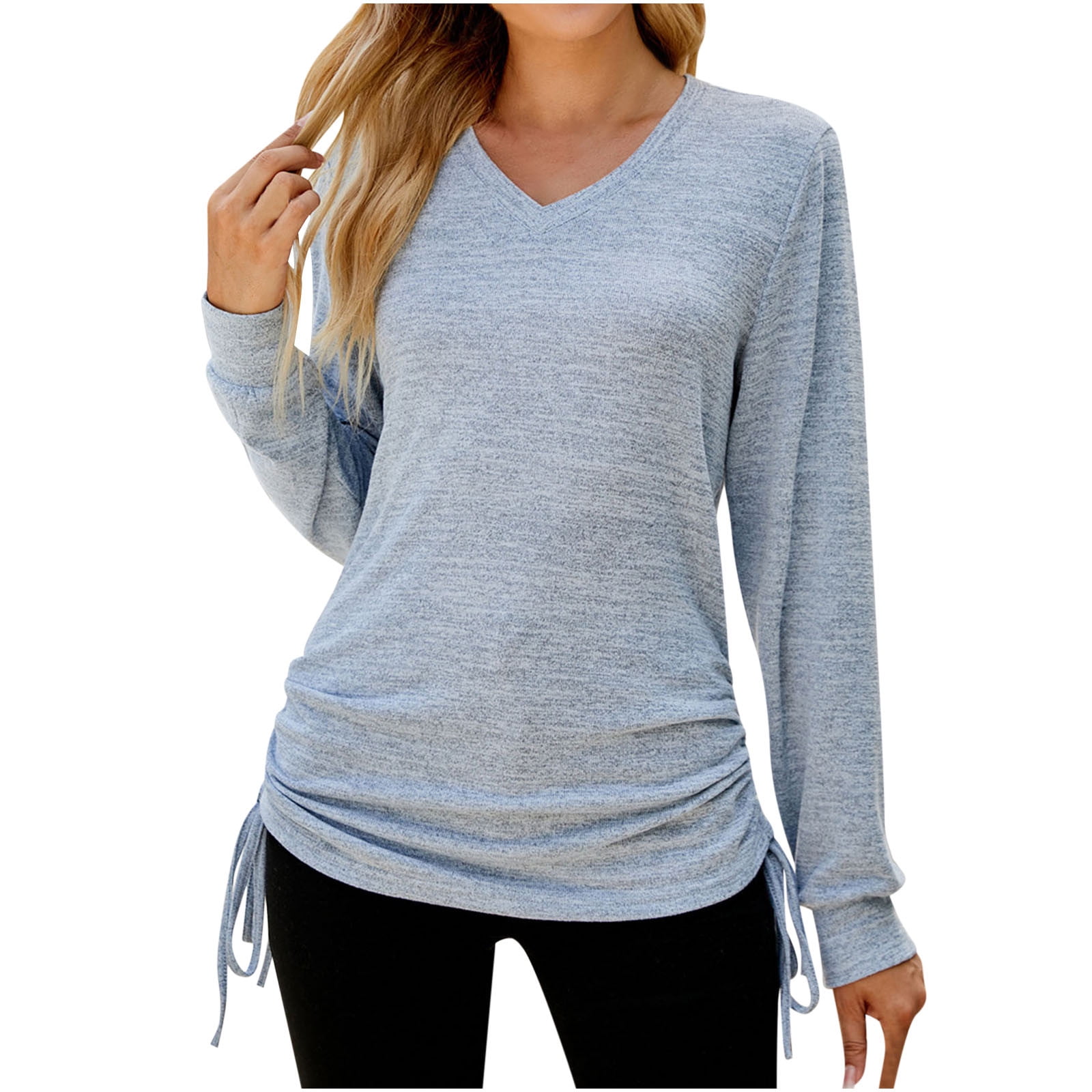 Brglopf Women's Casual Fall Tops Solid Color Long Sleeve Shirts Lace Up