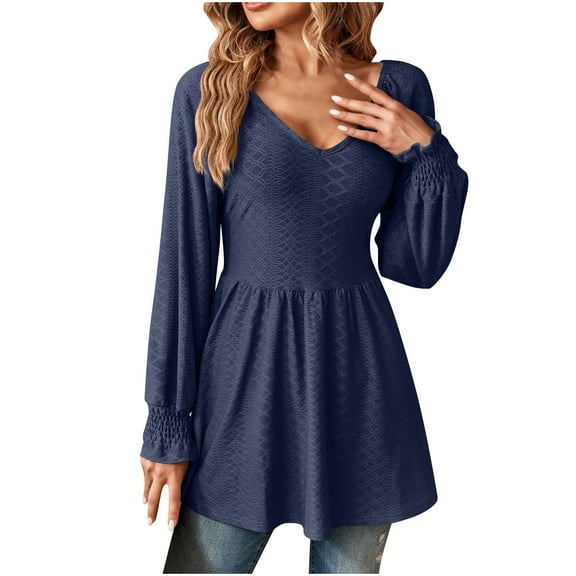 Brglopf Women's Casual Puff Long Sleeve Tunic Tops V Neck Solid Color Smocked Cuffs Eyelet T Shirts Pleated Flare Babydoll Flowy Loose Ruffle Hem A-Line Shirts Blouses