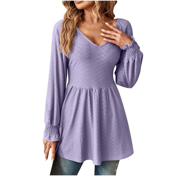 Brglopf Women's Casual Puff Long Sleeve Tunic Tops V Neck Solid Color Smocked Cuffs Eyelet T Shirts Pleated Flare Babydoll Flowy Loose Ruffle Hem A-Line Shirts Blouses