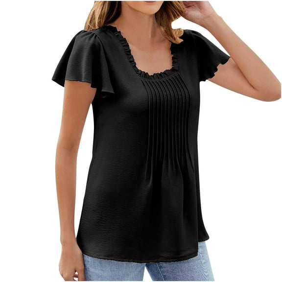 Brglopf Women's Casual Tops Square Neck Ruffle Short Sleeve Pleated Tunic Shirts Dressy Work Summer Blouses(Black,XL)