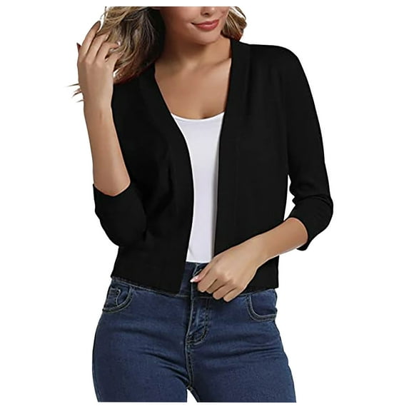 Brglopf Women's Classic 3/4 Sleeve Cardigan Solid Open Front Cropped Casual Cardigan Trendy Short Shrugs