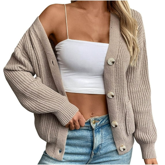 Brglopf Women's Cropped Cardigan Sweater Long Sleeve Button Chunky Knit Open Front Sweaters Loose Short Cardigan Outerwear Coats with Pocket(Khaki,M)