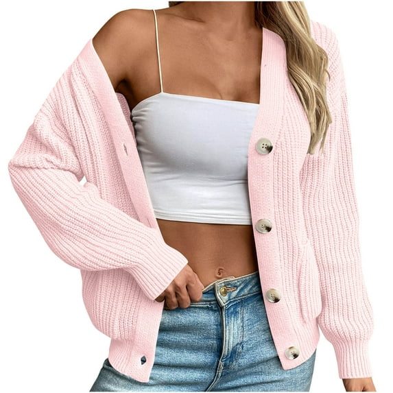 Brglopf Women's Cropped Cardigan Sweater Long Sleeve Button Chunky Knit Open Front Sweaters Loose Short Cardigan Outerwear Coats with Pocket(Pink,XL)