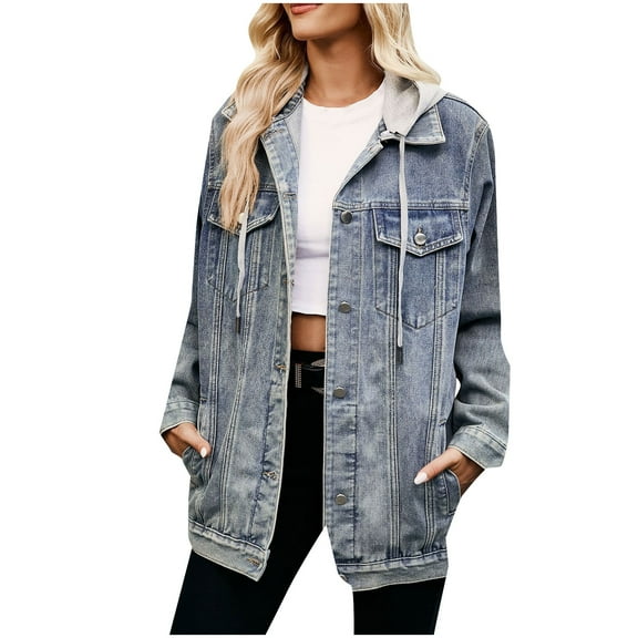 Brglopf Women's Denim Jackets Oversized Casual Distressed Hoodie Jean Jacket Long Sleeve Button Down Shirts Coat with Pockets(Light Blue,L)