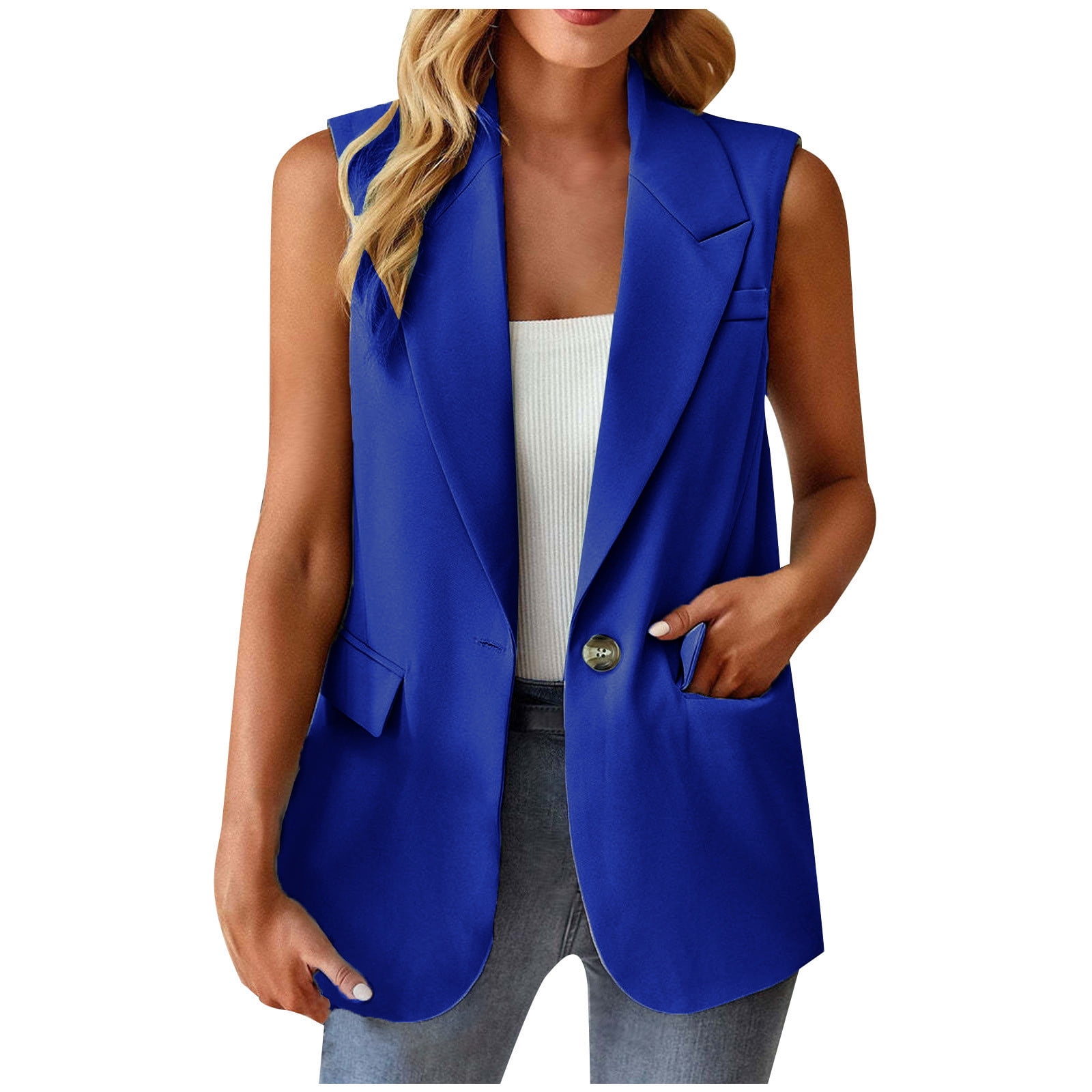 Women's Elegant Sleeveless Lapel Collar Neck Solid Color Single Button Vest Blazer Jacket with Pockets