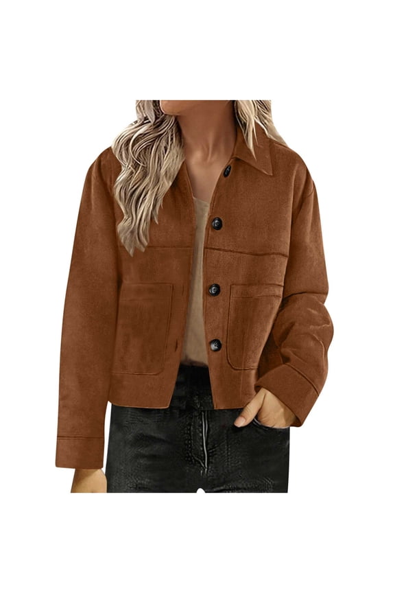 Women's Faux Suede Cropped Jacket Casual Lightweight Button Down Shacket Fall Trendy Winter Coats Outerwear with Pockets(Coffee,M)