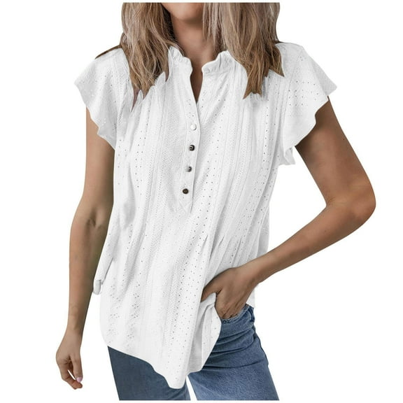 Brglopf Women's Frill V Neck Shirts Summer Eyelet Button Down Ruffle Short Sleeve Cute Tops Dressy Casual Blouse(White,L)