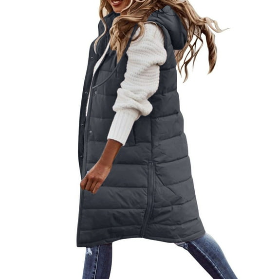 Brglopf Women's Long Puffer Vest V Neck Full Zipper Sleeveless Down Coats Warm Winter Outdoor Lightweight Puffer Quilted Vest Outerwear with Side Zip Up Pockets