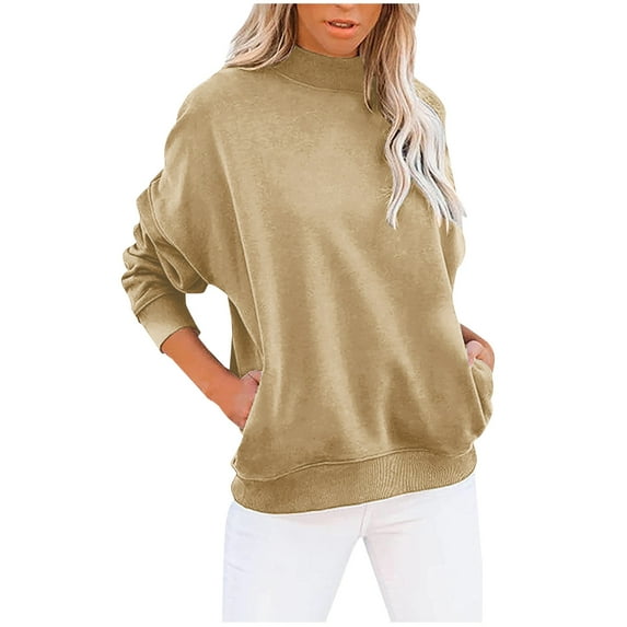 Brglopf Women's Long Sleeve Sweatshirt Casual Mock Neck Loose Fit Pullover Hoodie Solid Color Fall Tops with Pockets