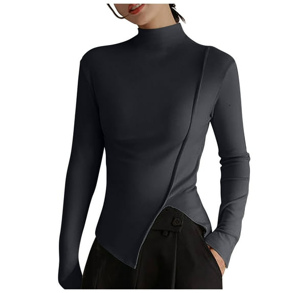 Brglopf Women's Mock Turtleneck T Shirts Long Sleeve Slim Fit Tops Basic Ruched Side Asymmetrical Hem Top