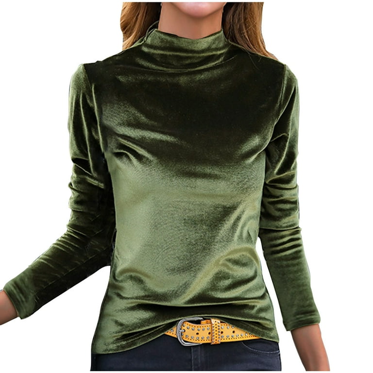 Brglopf Women s Mock Turtleneck Velvet Tops Solid Color Casual Loose Long Sleeve Shirts Blouse Dressy Work Velour Pullover