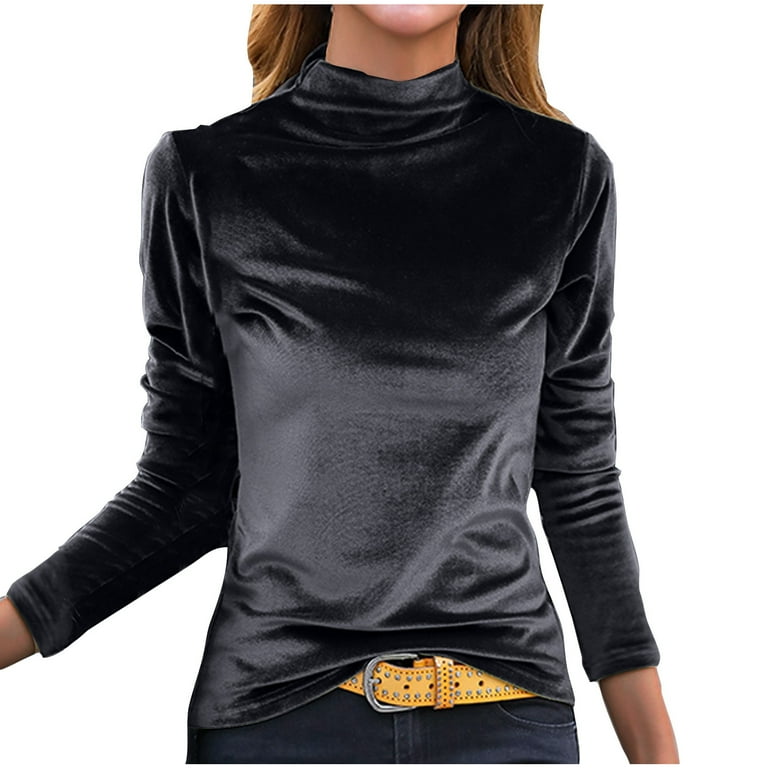 Brglopf Women s Mock Turtleneck Velvet Tops Solid Color Casual Loose Long Sleeve Shirts Blouse Dressy Work Velour Pullover