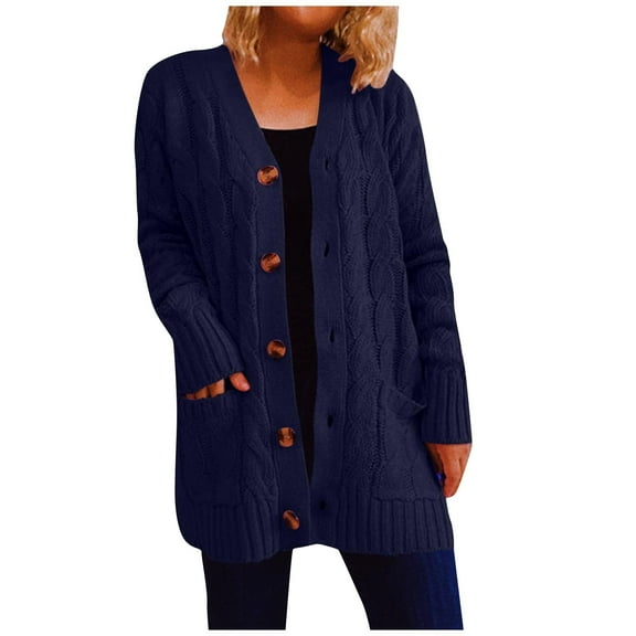 Brglopf Women's Open Front Cardigan Sweaters Casual Fashion Loose Button Down Cable Knit Chunky Sweater Outwear Coats with Pockets(Navy,L)