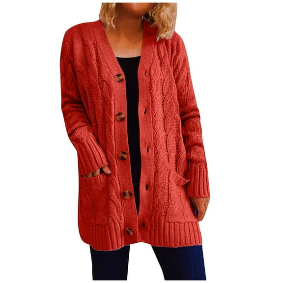 Brglopf Women's Open Front Cardigan Sweaters Casual Fashion Loose Button Down Cable Knit Chunky Sweater Outwear Coats with Pockets(Red,S)