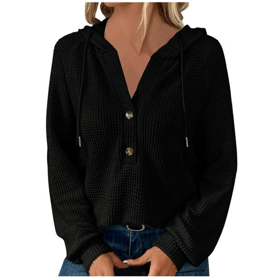Brglopf Women's Oversized Hoodies Sweatshirts Waffle Knit Button V Neck Pullover Tops Casual loose Long Sleeve Drawstring Hooded Tops