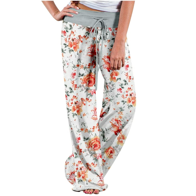 Brglopf Women's Pajama Lounge Pants Floral Print Comfy Casual Stretch  Palazzo Drawstring Pjs Bottoms Pants Wide Leg Trousers(Orange,XL)