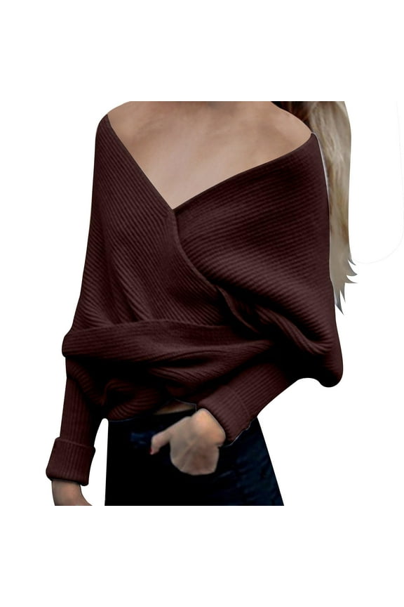 Women's Pullover Sweaters Wrap V-Neck Off Shoulder Crop Tops Batwing Sleeve Cross Front Solid Knitted Tops
