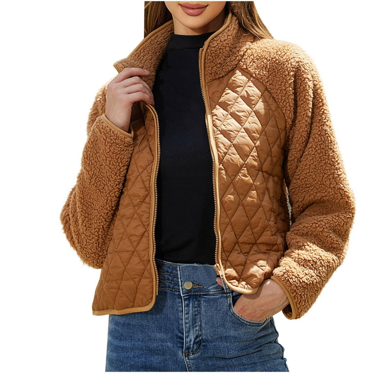 Brglopf Women s Quilted Jacket Zip up Lapel Fleece Jackets Color Block Patchwork Outwear Coats Casual Coat with Pockets