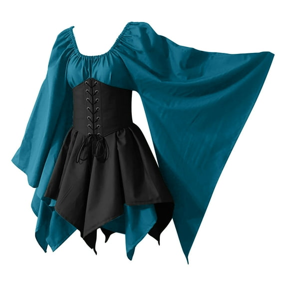 Brglopf Women's Retro Medieval Renaissance Costume Dresses Plus Size Vintage Flare Long Sleeve Gothic Dress with Corset Party Short Mini Dress(Blue,3XL)