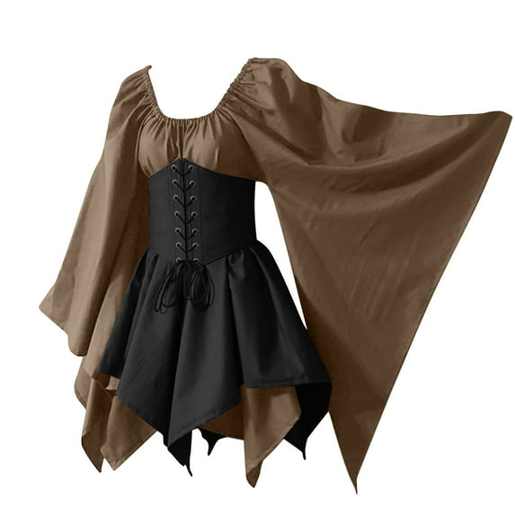 Brglopf Women's Retro Medieval Renaissance Costume Dresses Plus Size Vintage Flare Long Sleeve Gothic Dress with Corset Party Short Mini Dress(Brown,5XL)