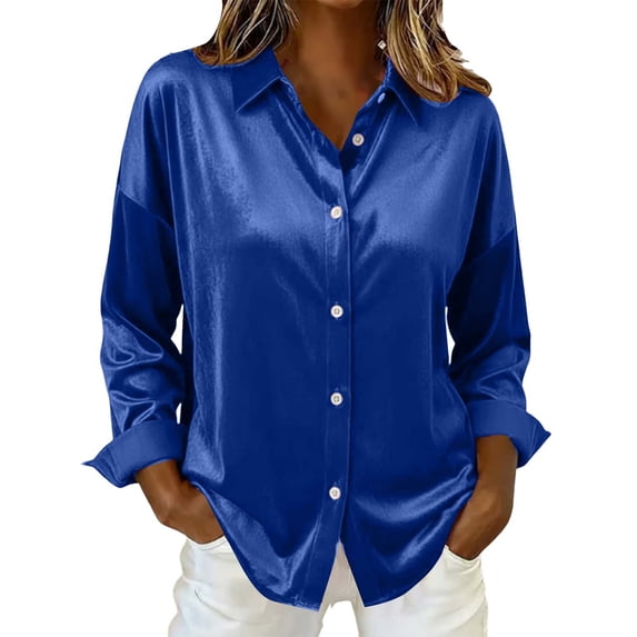 Brglopf Women's Satin Silk Button Down Shirts Long Sleeve Dress Shirts Wrinkle Free Collared Work Office Business Dressy Cusual Blouses Tops Blue L