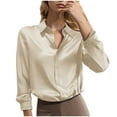 thumbnail image 1 of Brglopf Women's Satin Silk Shirts Button Down V Neck Dressy Casual Blouse Loose Long Sleeve Office Work Tunic Tops (Beige,XXL), 1 of 5