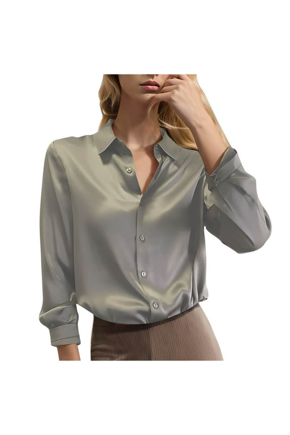 Women's Satin Silk Shirts Button Down V Neck Dressy Casual Blouse Loose Long Sleeve Office Work Tunic Tops (Gray,XXL)