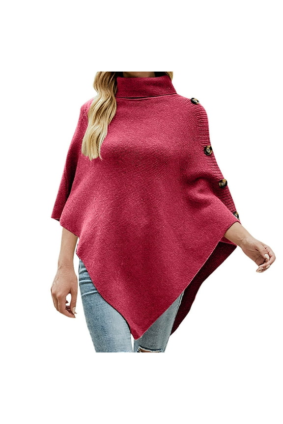 Women's Shawl Wrap Turtleneck Poncho Sweater Solid Color Side Button Cloak Knit Pullover Cape Trendy Fall Winter Clothes