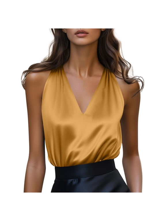Women's Silk Satin Camisole Tank Tops V Neck Pleated Dressy Casual Sleeveless Blouses Plus Size Summer Business Work Shirts(Gold,M)
