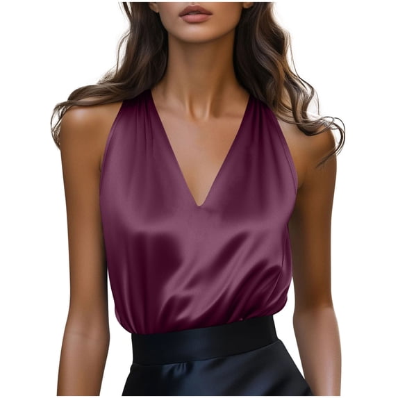 Brglopf Women's Silk Satin Camisole Tank Tops V Neck Pleated Dressy Casual Sleeveless Blouses Plus Size Summer Business Work Shirts(Purple,XL)