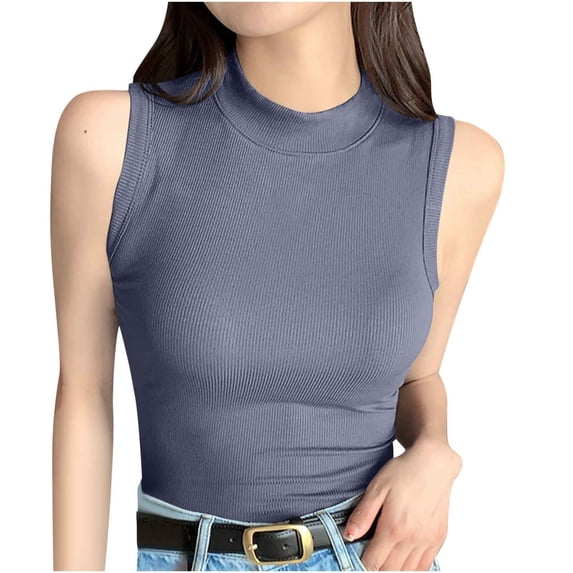 Brglopf Women's Sleeveless Mock Turtle Neck Tops Slim Fitted Ribbed Tank Top Basic Summer Casual Lightweight Layer Tee Shirts(Dark Gray,L)