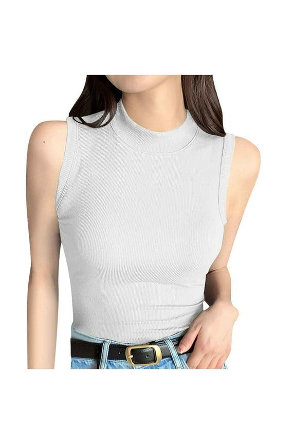 Women's Sleeveless Mock Turtle Neck Tops Slim Fitted Ribbed Tank Top Basic Summer Casual Lightweight Layer Tee Shirts(White,XXL)
