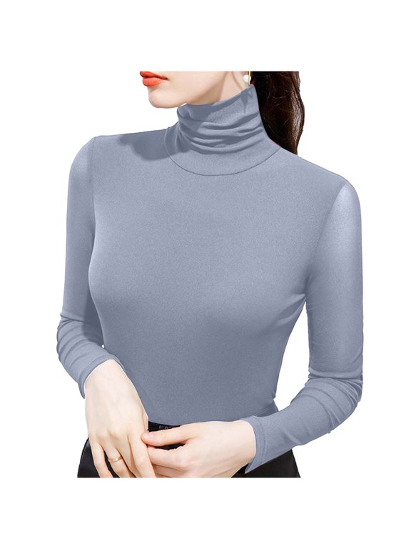 Women's Soft Long Sleeve Sheer Mesh Tops Mock Turtleneck Pullover Tees Baselayer Slim Fitted Undershirts Lightweight Trendy Shirts Gray S