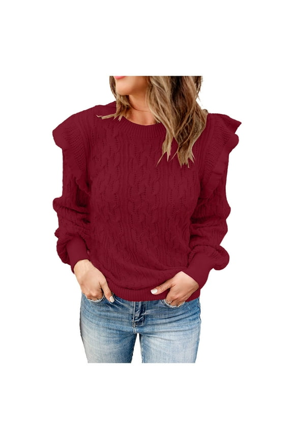 Women's Solid Color Sweaters Ruffle Shoulder Puff Long Sleeve Pullover Crew Neck 2023 Fall Cable Knit Jumper Tops