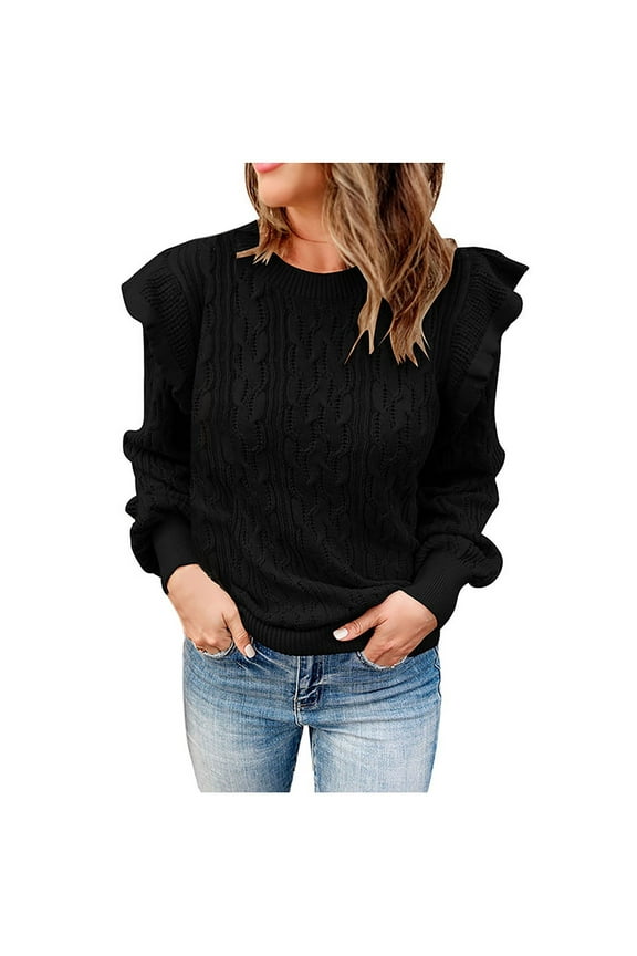 Women's Solid Color Sweaters Ruffle Shoulder Puff Long Sleeve Pullover Crew Neck 2023 Fall Cable Knit Jumper Tops