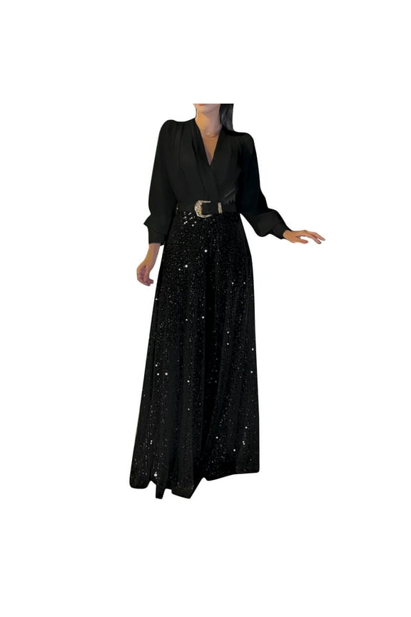 Women's Sparkly Jumpsuits Clubwear One Piece V Neck Long Sleeve Pants Plus Size Loose Sequin Rompers with Belt
