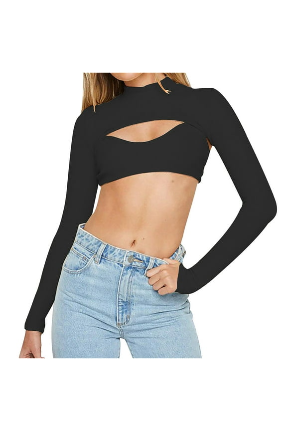 Women's Stretch Yoga Sports Tee Long Sleeve Crop Top T Shirts Going Out Workout Seamless Cutout Shrug Top