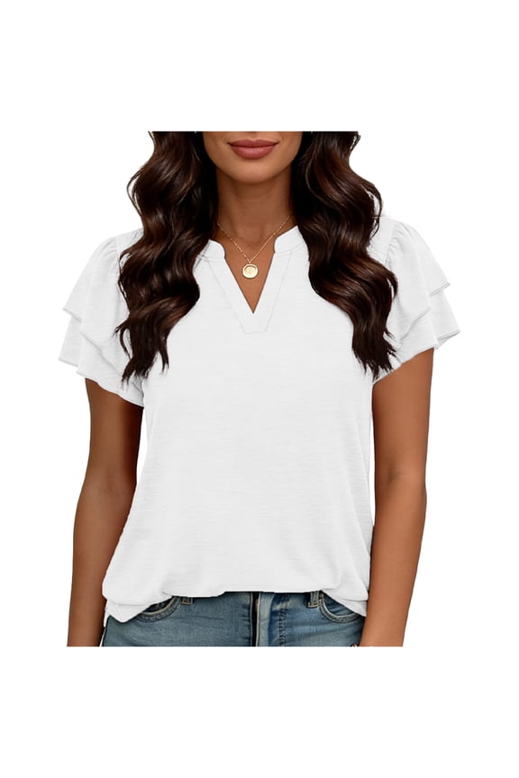 Women's Summer Blouses Dressy Casual Flutter Short Sleeve V Neck Business Work T Shirts Loose Fit Trendy Cute Tops(White,S)
