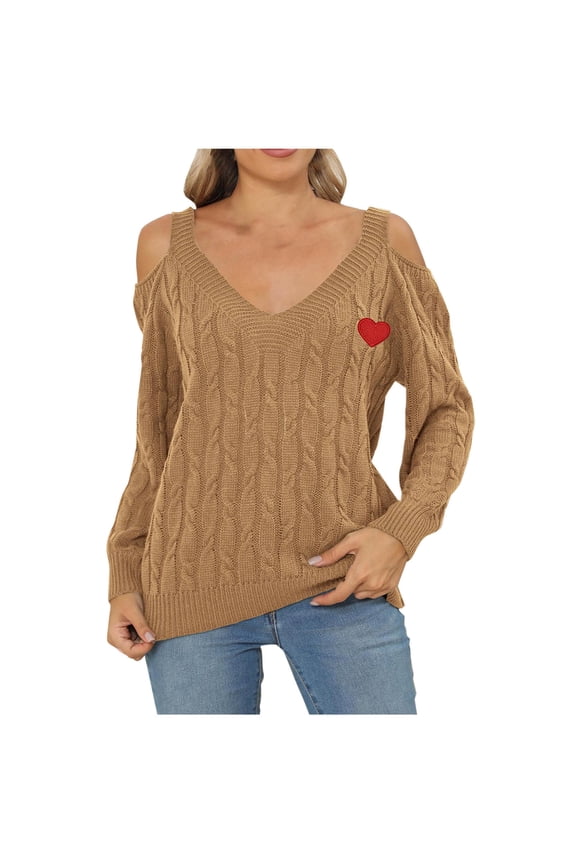 Women's Sweaters Casual Cold Shoulder V-Neck Twist Knitted Pullover Tops Heart Print Y2k Long Sleeve Tunic Sweaters