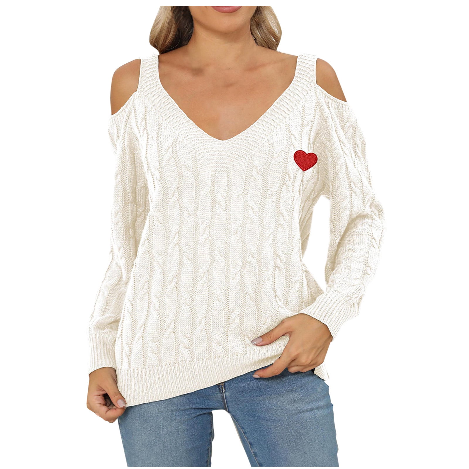 Brglopf Women's Sweaters Casual Cold Shoulder V-Neck Twist Knitted