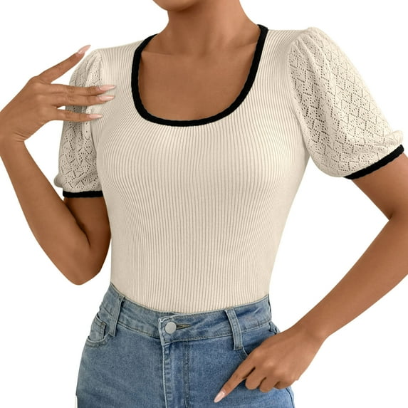 Brglopf Women's Tops Lace Short Sleeve Square Neck Color Block T Shirt 2025 Summer Slim Fit Ribbed Knit Basic Tee Blouse(Beige,L)