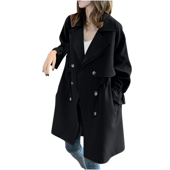 Brglopf Women's Trench Coat Double-Breasted Classic Notch Lapel Overcoat Drawstring Slim Fit Outerwear Coat with Pockets(Black,XXL)