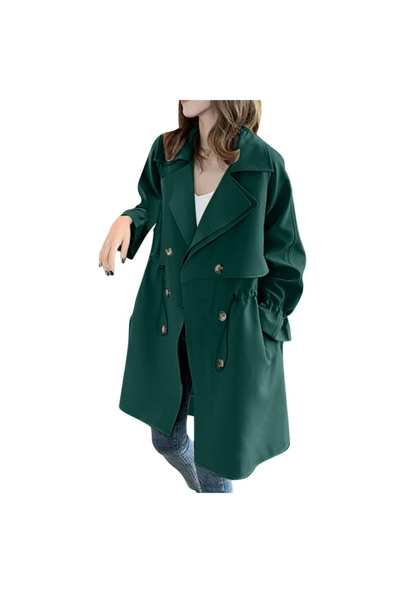 Women's Trench Coat Double-Breasted Classic Notch Lapel Overcoat Drawstring Slim Fit Outerwear Coat with Pockets(Blue,S)
