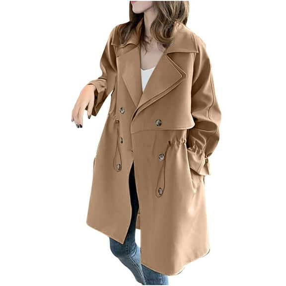 Brglopf Women's Trench Coat Double-Breasted Classic Notch Lapel Overcoat Drawstring Slim Fit Outerwear Coat with Pockets(Khaki,XL)