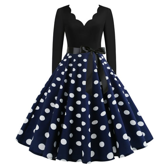 Brglopf Women's Vintage Audrey Hepburn Dress Polka Dots Long Sleeve Knee-Length Dress Cocktail Party Evening Dress Navy Blue S