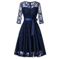 thumbnail image 1 of Brglopf Women's Vintage Formal Cocktail Party Dresses Crew Neck Floral Embroidery Sheer Mesh Long Sleeve Dress for Wedding Guest A-line Swing Midi Dress Navy Blue M, 1 of 7